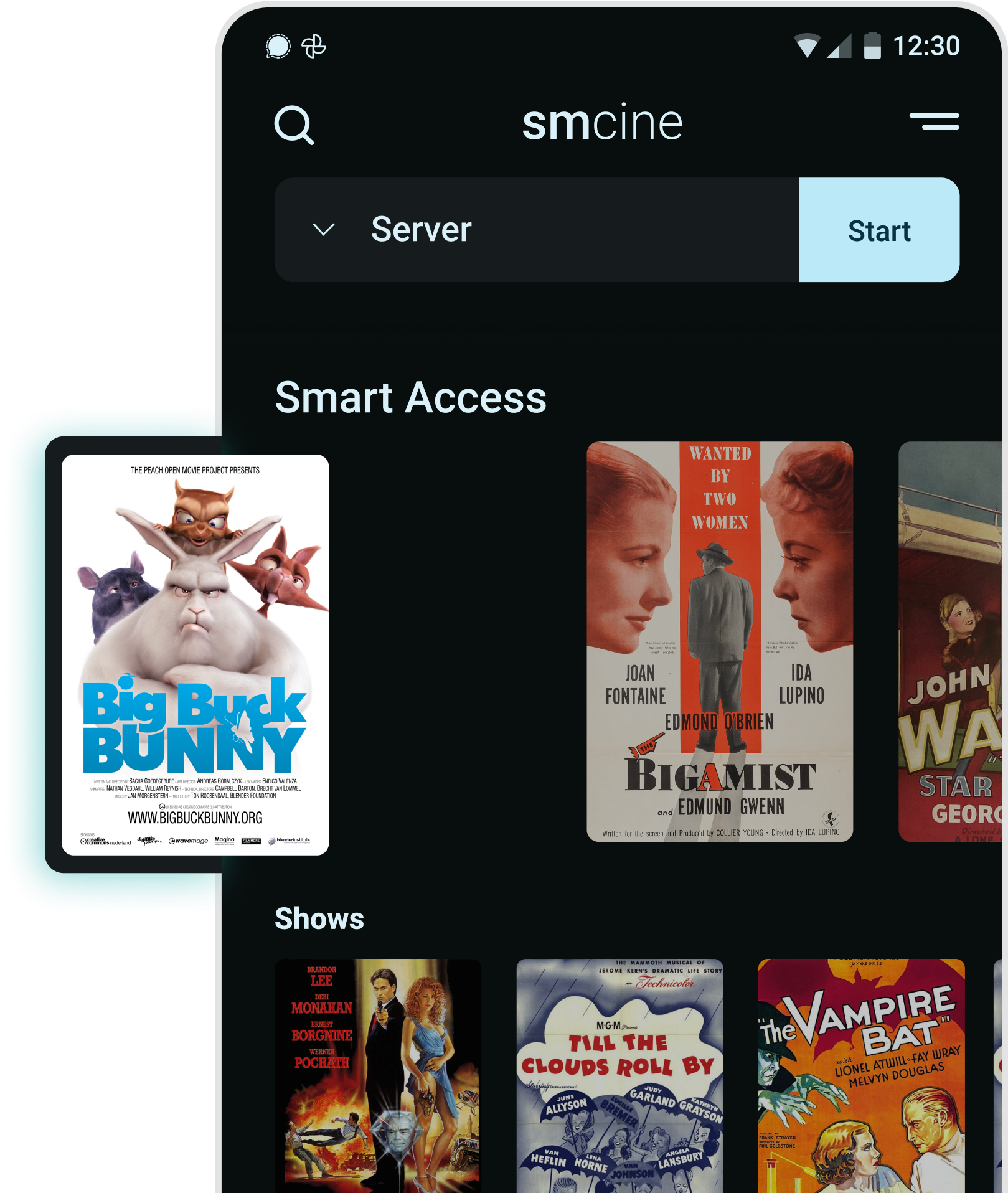 smcine mobile application screenshot showcasing the core feature of creating a network wide server to serve videos stored locally on the device